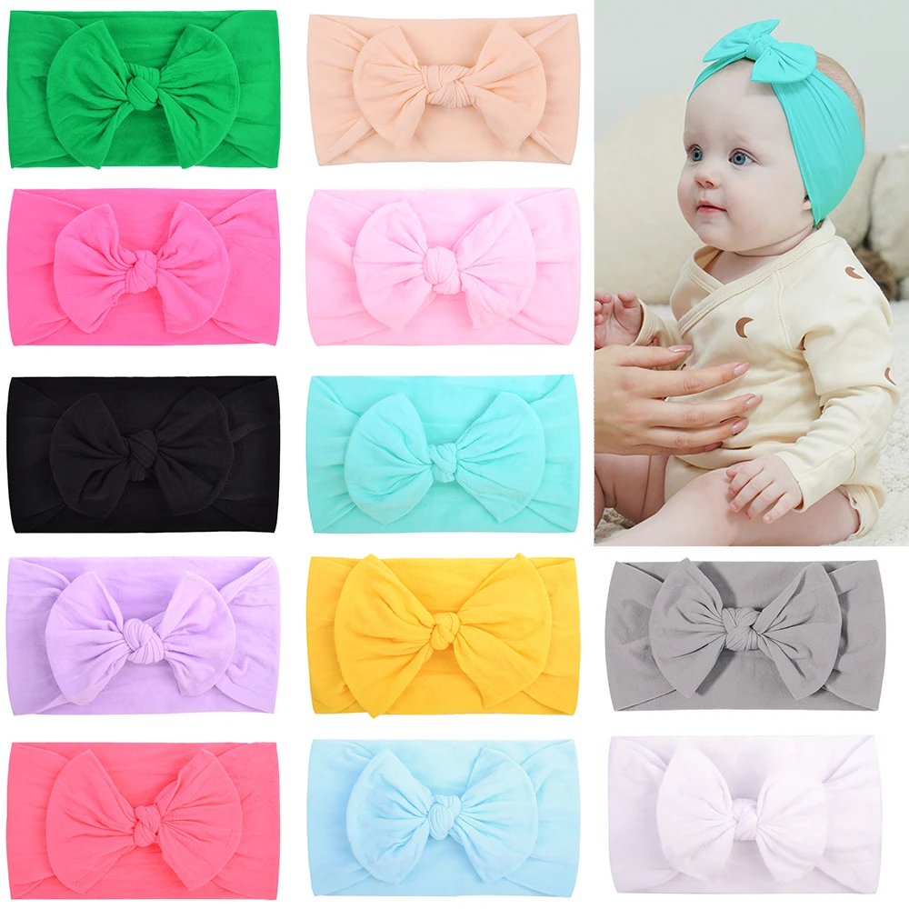 

12Pcs/Set Solid Color Kids Bows Headband for Baby 3.5inch Bowknot Casual Headties Soft Nylon Protect Headdress Hair Accessories