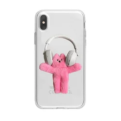 Ins Korean Cute Cartoon Pink Rabbit Transparent  Case For iPhone 16 15 14 13 12 11Pro XR XS Max 7 8PlusY2K Shockproof Soft Cover
