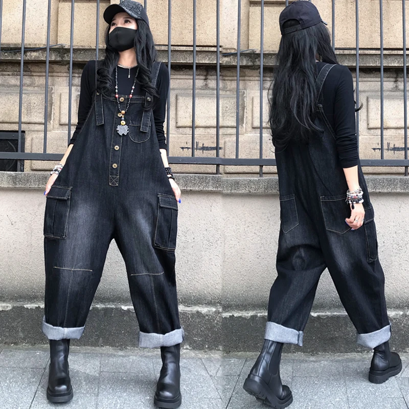 

Faionable Hong Kong Sle Джинсовые комбинезоны с высокой талией Свободные прямые брюки с широкими штанинами Цельные брюки Осенняя одежда