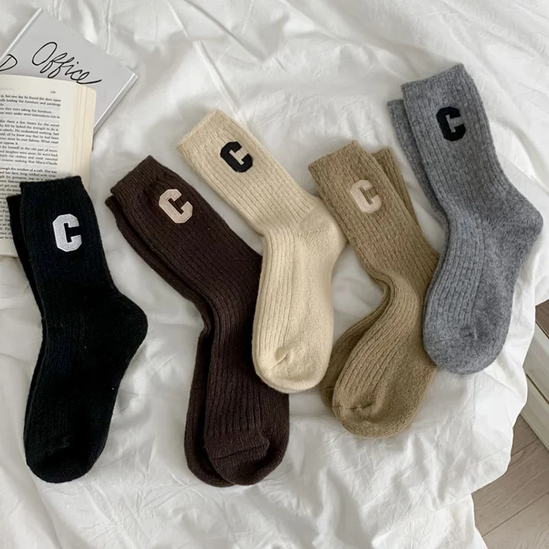 Luxury Women Wool Socks Warm Winter Thick Cashmere Casual Japanese Fashion Solid Color Comfortable Home Sock Long High Quality