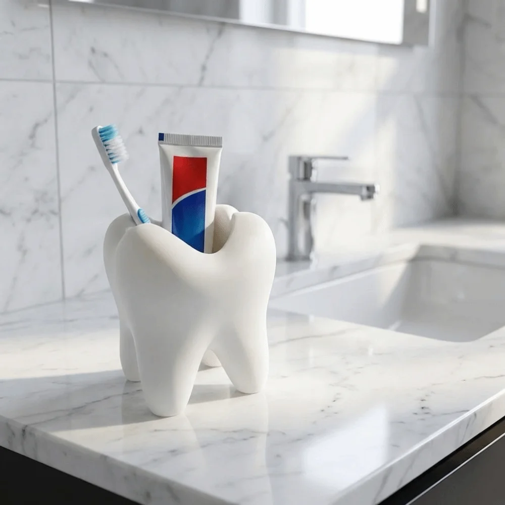 Multi-functional 3D Printing Toothbrush Holder White Creative Tooth-Shaped Pen Holder Stable Durable Toothbrush Rack