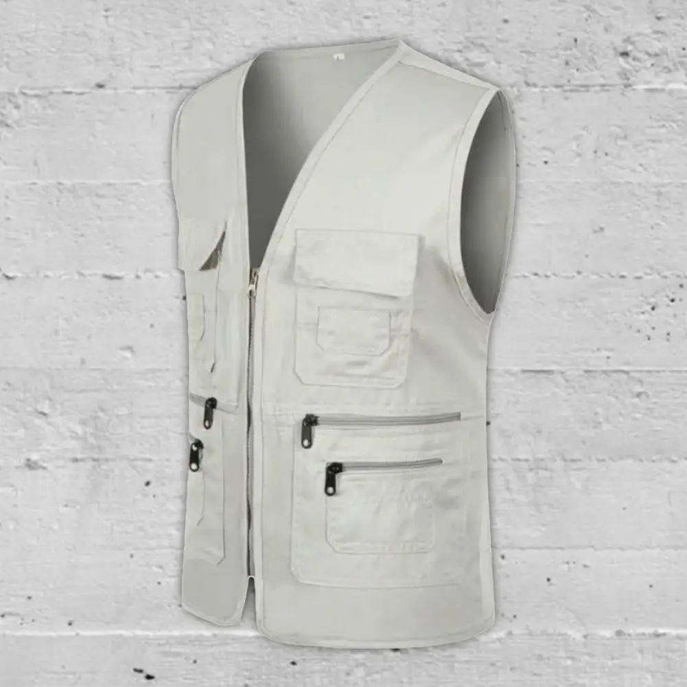 Men Vest Jacket Solid Color Multiple Pockets Zipper Unisex Sleeveless Camping Work Clothes Outdoor Waistcoat Adult Clothes