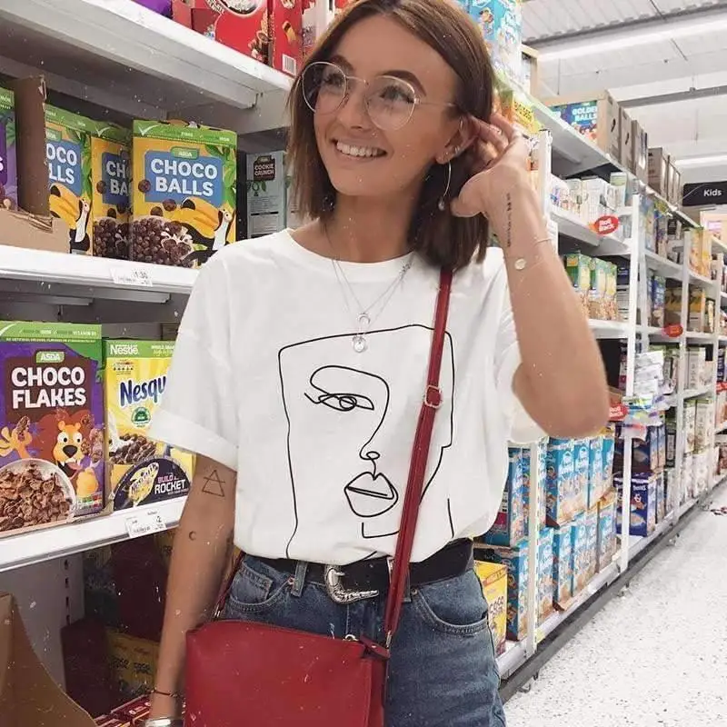 

Футболка с абстрактным рисунком одной линии, лицо 100, качество премиум-класса