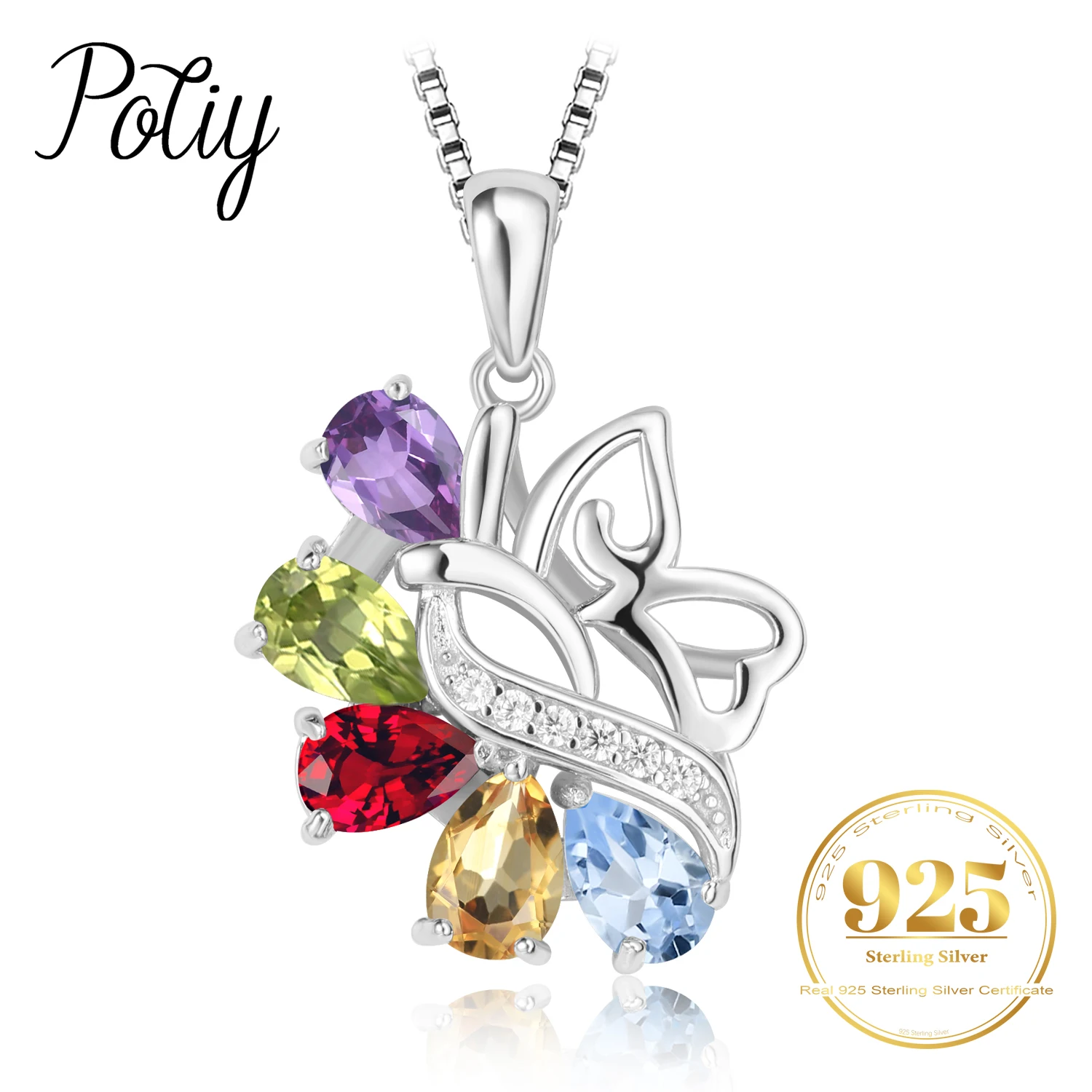 

Potiy Natural Citrine Peridot Amethyst Garnet Sky Blue Topaz Stud Pendant Necklace No Chain 925 Sterling Silver Women Party