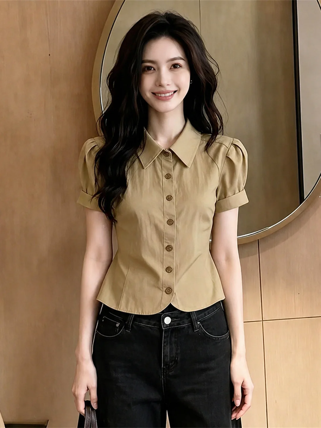 

Slim Fit Short Sleeve Shirt Women's Fashionable Turn-down Collar Single Button Design Korean Style Commute Sensation Sil...