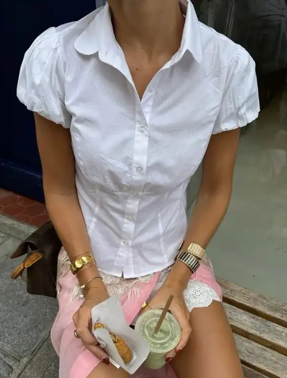 

Summer New Solid Color Lapel Slim Fit Bubble Sleeve Casual Short Sleeved Shirt for Women, Cute College Style Short Sleeved Shirt