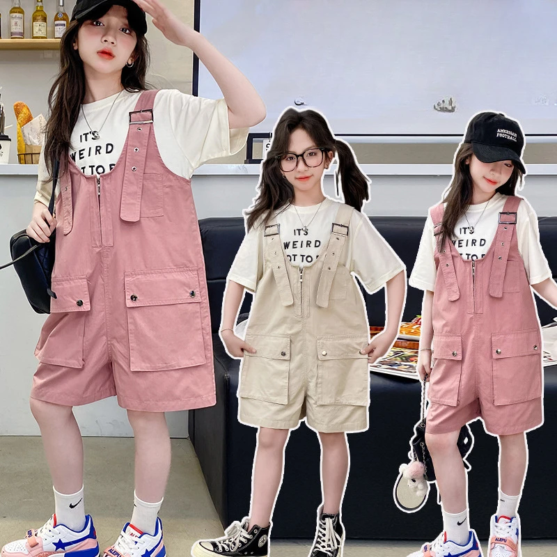 

Girls Suits Stylish Monogram Print Short-sleeved Overalls Two-piece Set Summer 2024 New Simple Casual Style All-match Suits