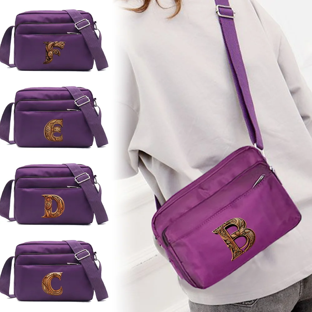 Fashion Large Capacity Purple One Shoulder Crossbody Wood Art Letter Print Series Pattern Bag Portable Commuting Storage Bag