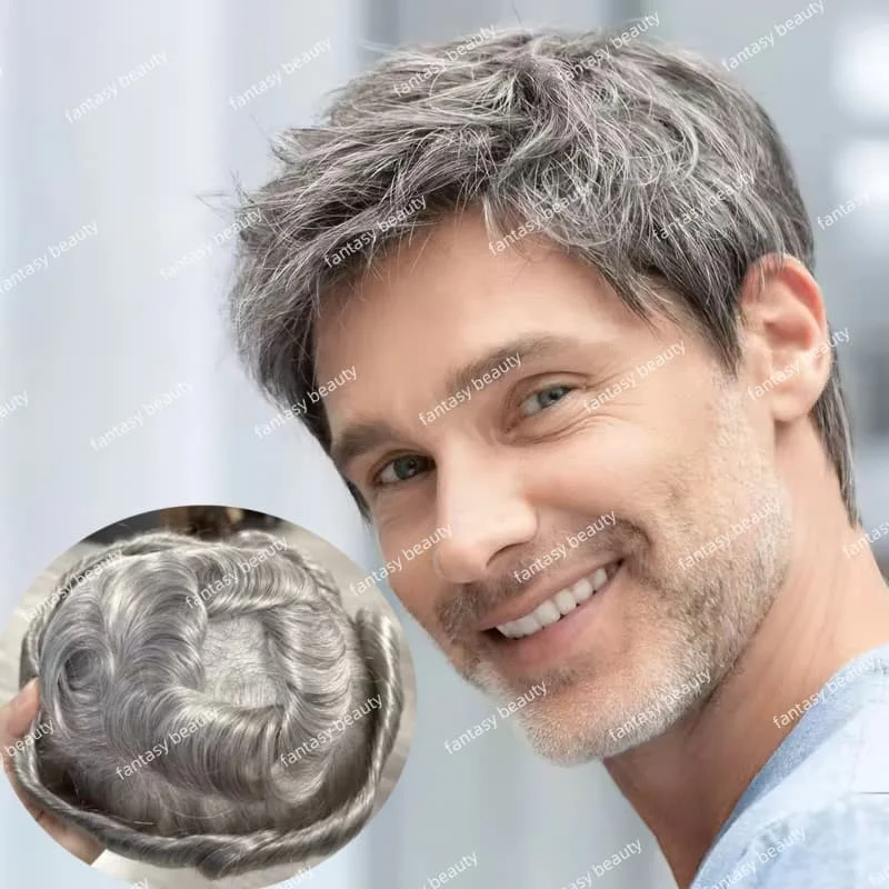 Прочный парик для мужчин, парик из тонкой кожи, полный ПУ # 1B65 # 1B80 # 60RY белый, серый, черный, система человеческих волос, мужской капиллярный протез