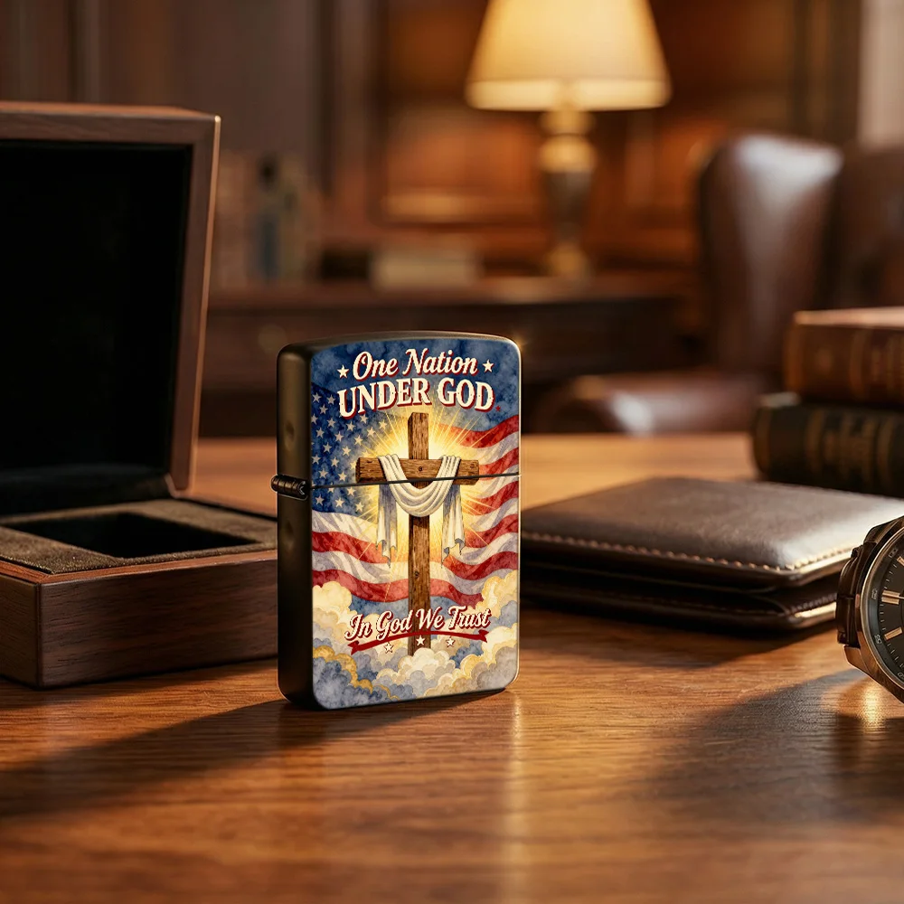 religious Flip Top Lighter lighters vintage One Nation Under God Cross American Flag Cloud Watercolor Print lighters for smokers
