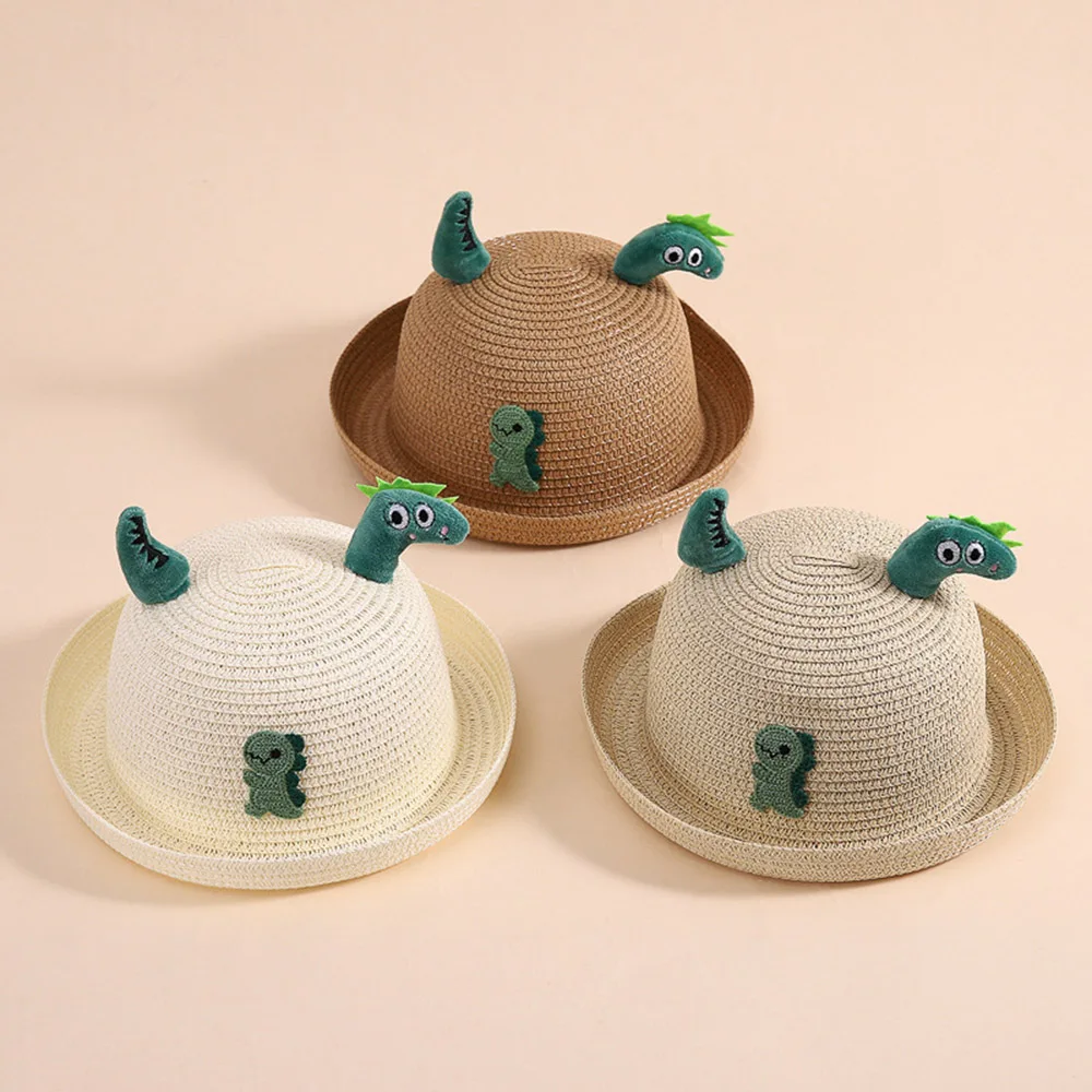 Children's Summer Fisherman Hats Boys And Girls Cartoon Dinosaur Straw Sunshade Visor Caps Kid's Cute Headdress