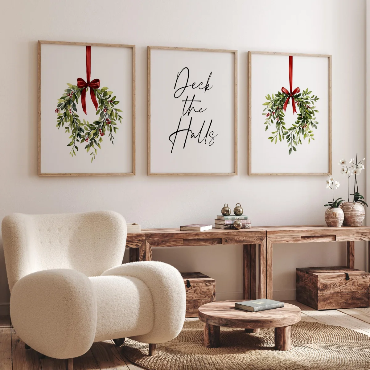3PCS--3pcs/set Christmas Wreath Cute Red Bow Canvas Print Poster Xmas Art Prints Wall Art Living Room Bedroom Home Decor Holi