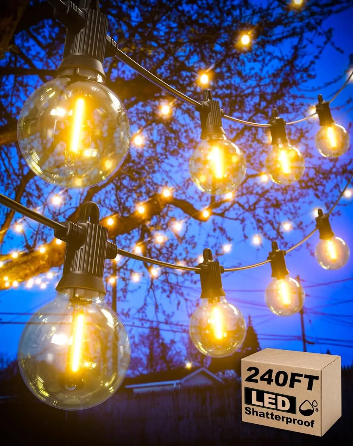 

240FT Outdoor String Lights with 124 Shatterproof G40 Bulbs, Dimmable & Connectable Patio Lights for Backyard Porch Balcony (120FTx2)