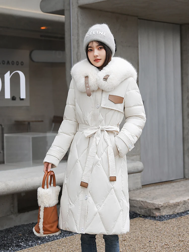Vielleicht Casaco acolchoado com cinto para mulheres, colarinho de pele grande, algodão, acolchoado, longo, quente, parkas de neve, roupas, novo,