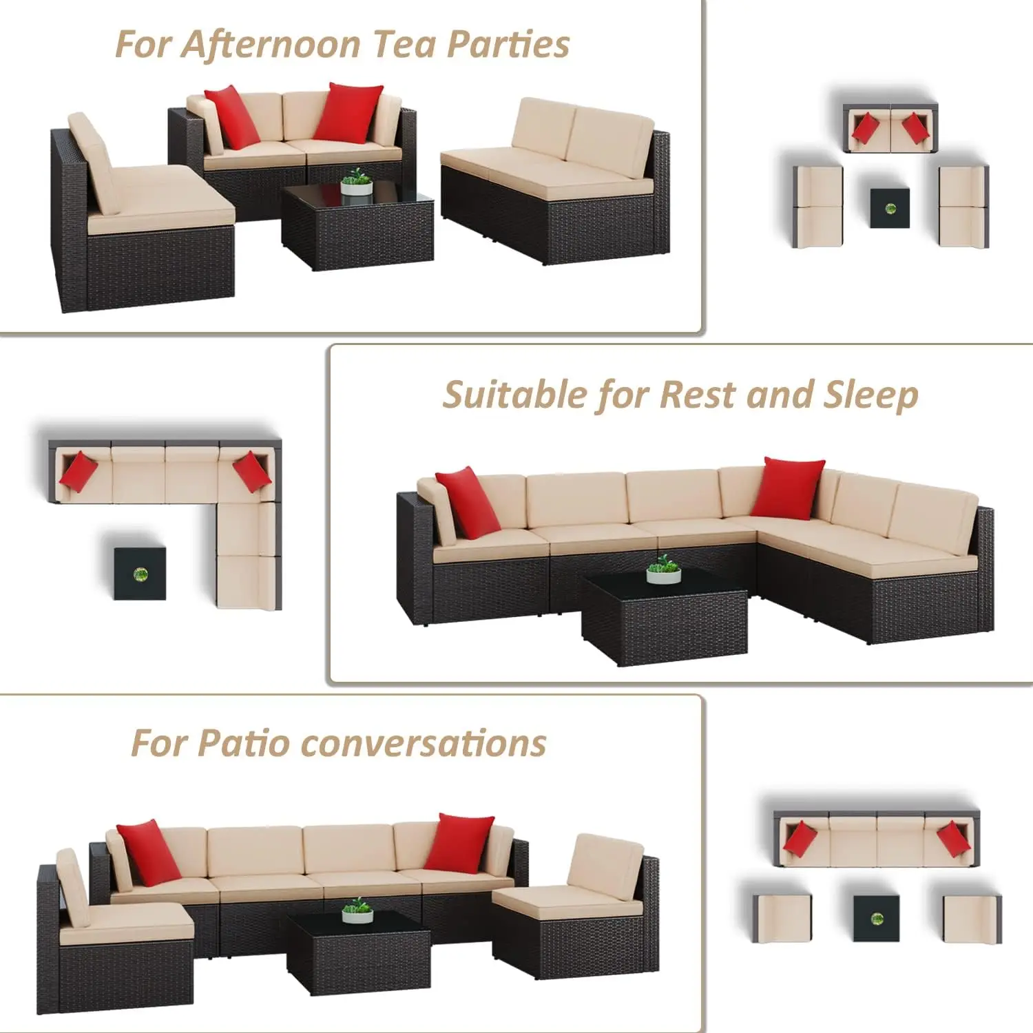 Set percakapan teras perabotan rotan anyaman Sofa luar ruangan dengan bantal, bantal & meja kaca untuk teras, rumput dan halaman