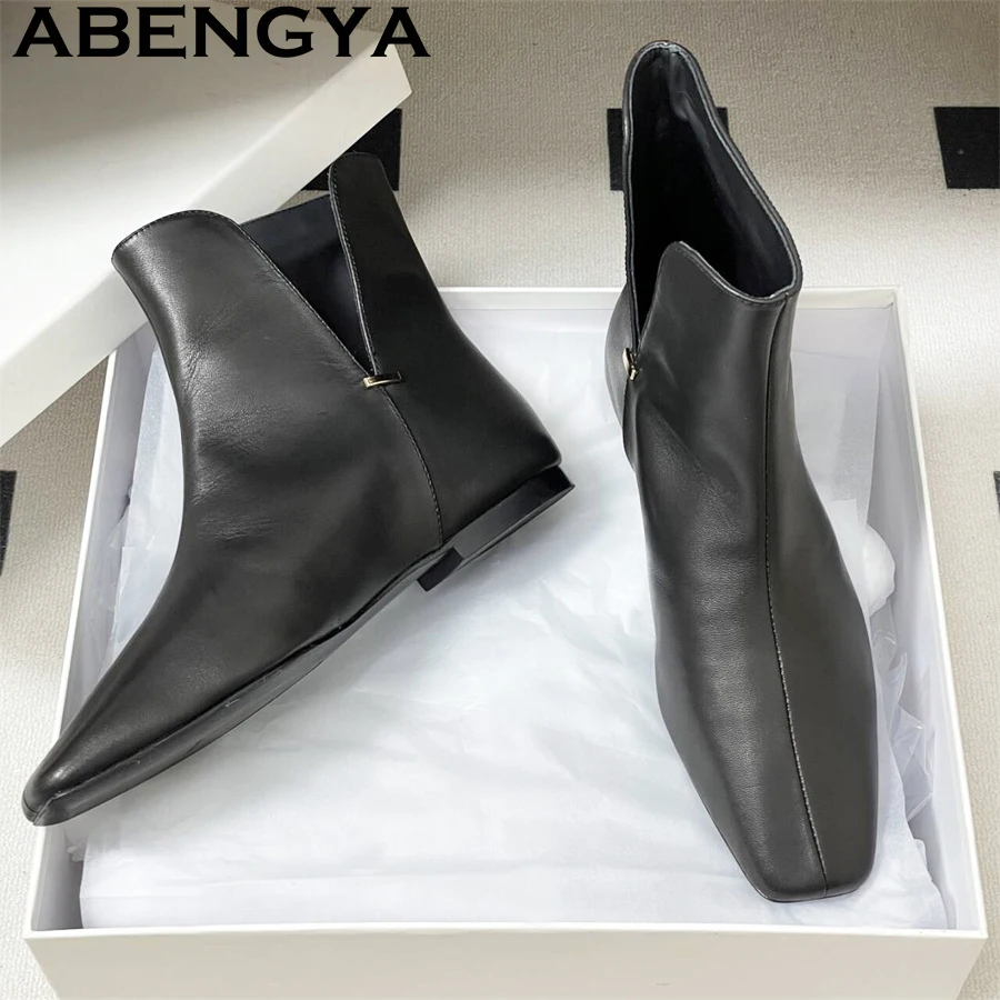 

Black White Genuine Leather Ankle Boots for Women Slim Small Square toe Designs Chelsea Short Boots Simple Fashion Punk Boots