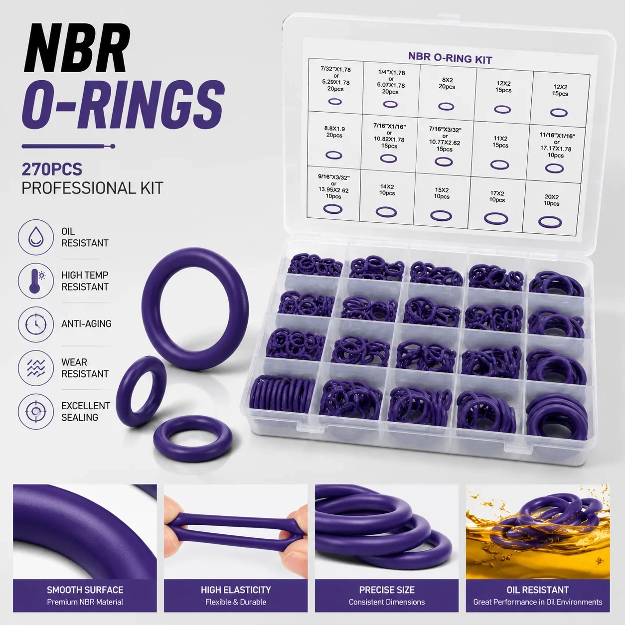 270 Pieces of Purple Nitrile Rubber O-ring Box CS 1.78-3.53mm Outer Diameter 5.29-17.17mm Wear-resistant and Corrosion-resistant