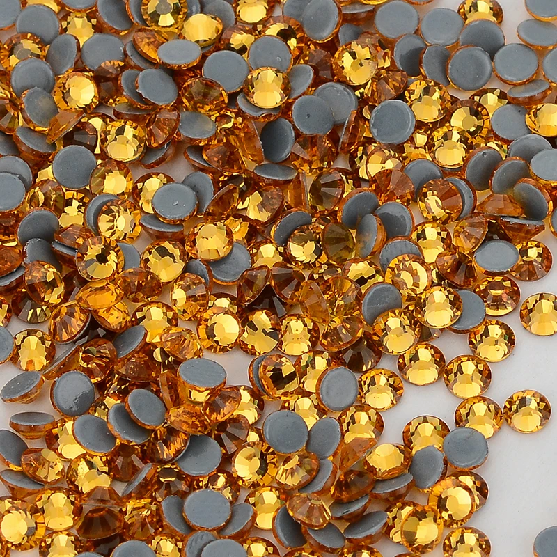 High Quality SS6-SS30 Hotfix Glass Flatback Rhinestone Glitter Topaz Yellow Gold Round Stones Iron on Rhinestones for Clothes