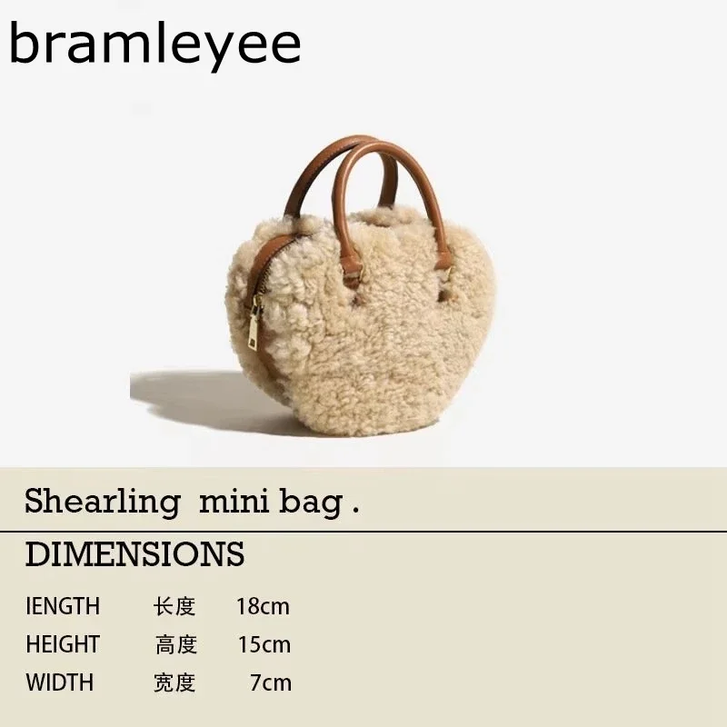 Winter Apple Heart Shape Lady Shoulder Crossbody Bag Small Luxury Fashion Real Lamb Wool Fur Leather Women Top-handle Hand Bag