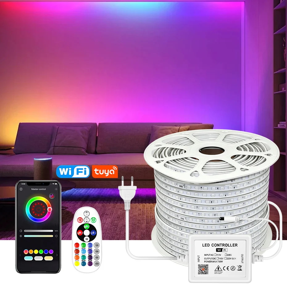 Tuya WIFI Bluetooth IR Remote RGB LED Strip 220V Waterproof IP65 1m To 50m SMD 5050 60 Leds/M Flexible RGB LED Ribbon Rope