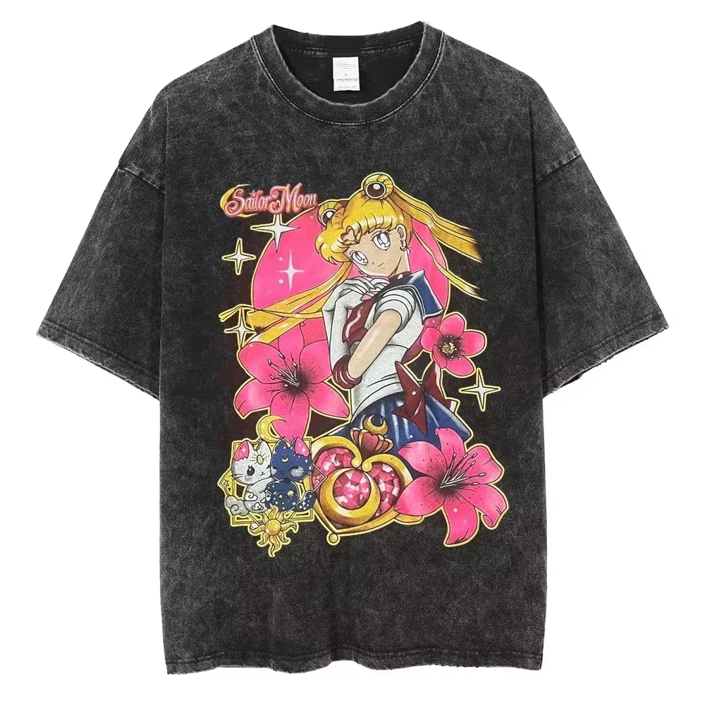 

Sailor Moon Anime Printed Washed T-shirt Summer Cotton Men's and Women's Loose Casual Retro Trendy Short Sleeve Top