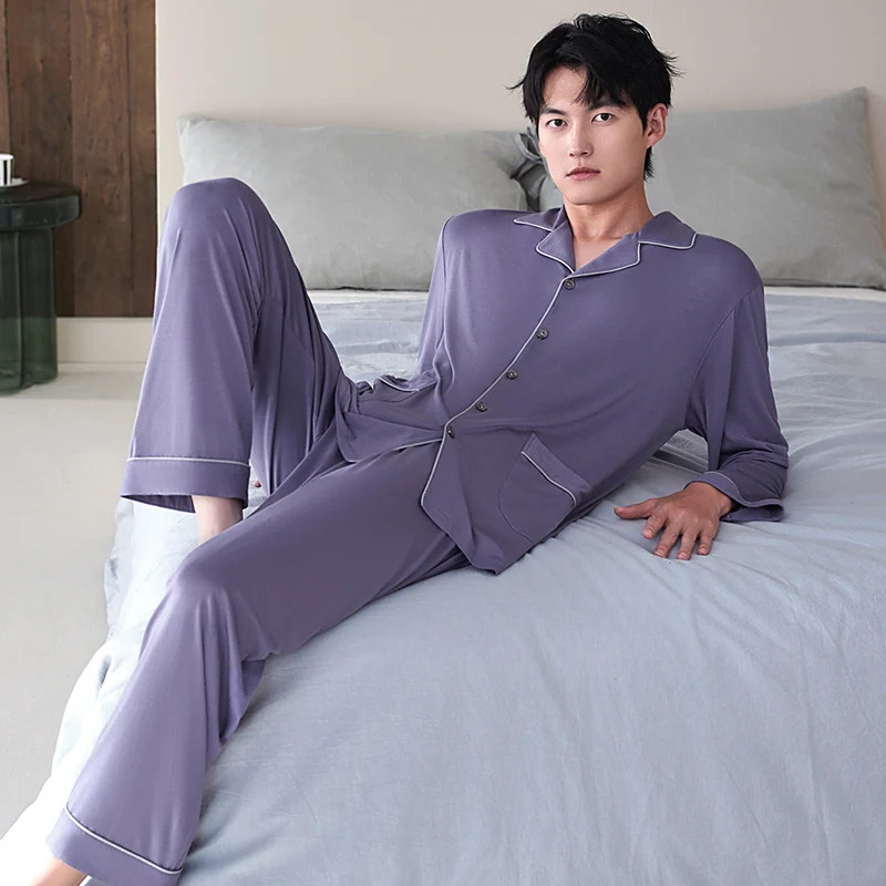 Pijamas de algodón de manga larga para hombre, ropa de dormir de Modal, conjuntos de pijama de salón simples para hombre, ropa de dormir de yardas grandes, M-3XL