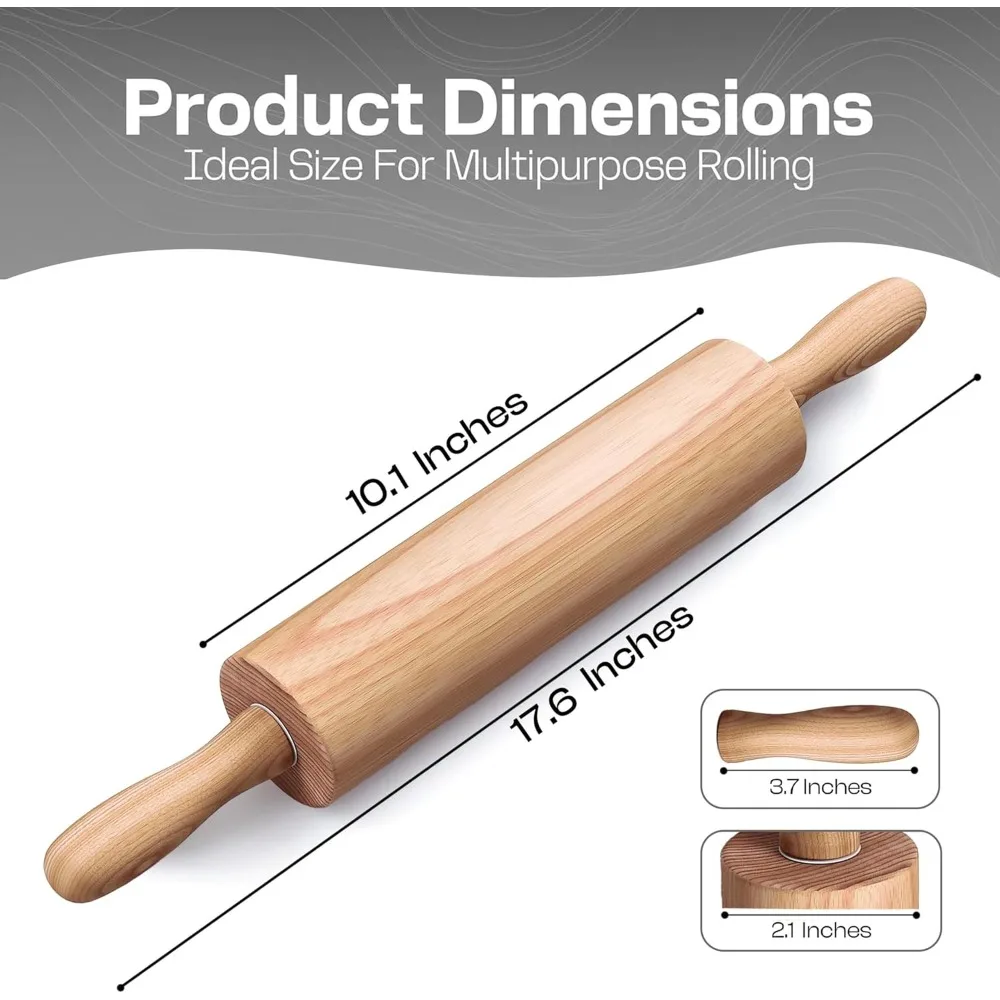 Professional 17.6 Inch Wooden Rolling Pin with Rotating Handles Ergonomic Baking Tool for Dough Pizza Pastry Bread Cookies Beechwood Pastry Roller Kitchen Utensil