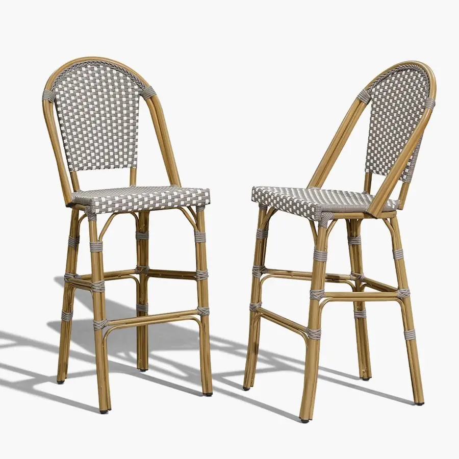 French Bar Stool Set of 2 Bamboo Print Finish Patio Bar Stools with Back Rattan Chairs Wicker Bar Height Stool 30 with Footrest
