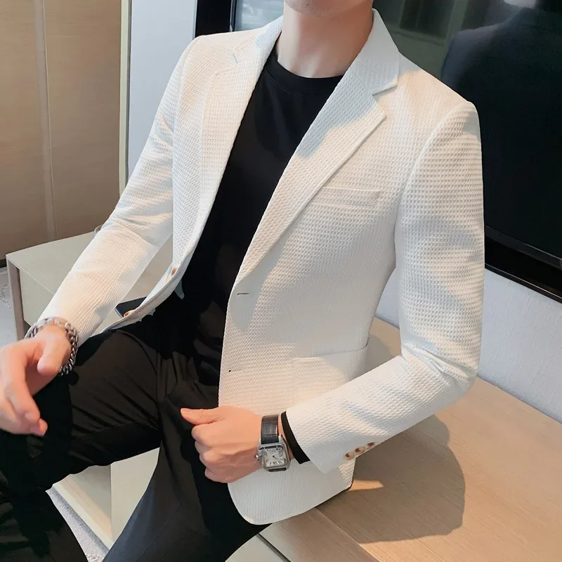 

Plus Size 4XL-M Autumn New Waffle Suit Jacket Men Two Buttons Slim Fit Business Casual Blazers Homme Formal Groom Prom Tuxedo
