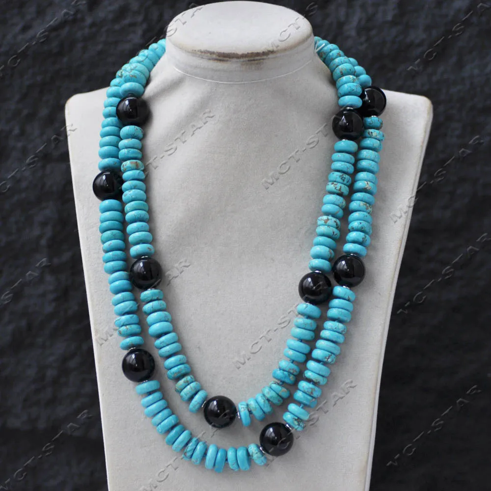 MTC·STAR Blue Rondelle Turquoise Necklace 2Row 21'' 16mm Black round Agate Jewelry for Women (Z14145)