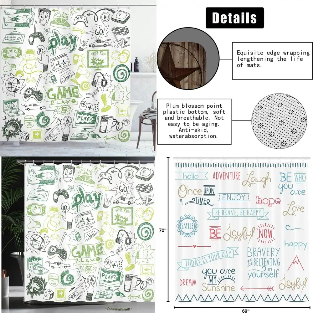 

Занавеска для душа в стиле ретро 90-х: монохромный эскиз гоночного монитора и гаджетов