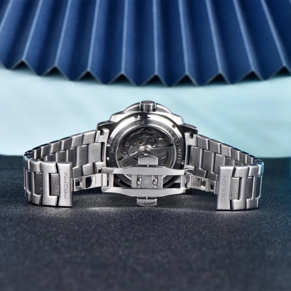 ساعة غوص ميكانيكية أوتوماتيكية من Pagani Design مصنوعة من الفولاذ المقاوم للصدأ وكريستال الياقوت AR وعرض تخزين الطاقة ساعة ميكانيكية للرجال