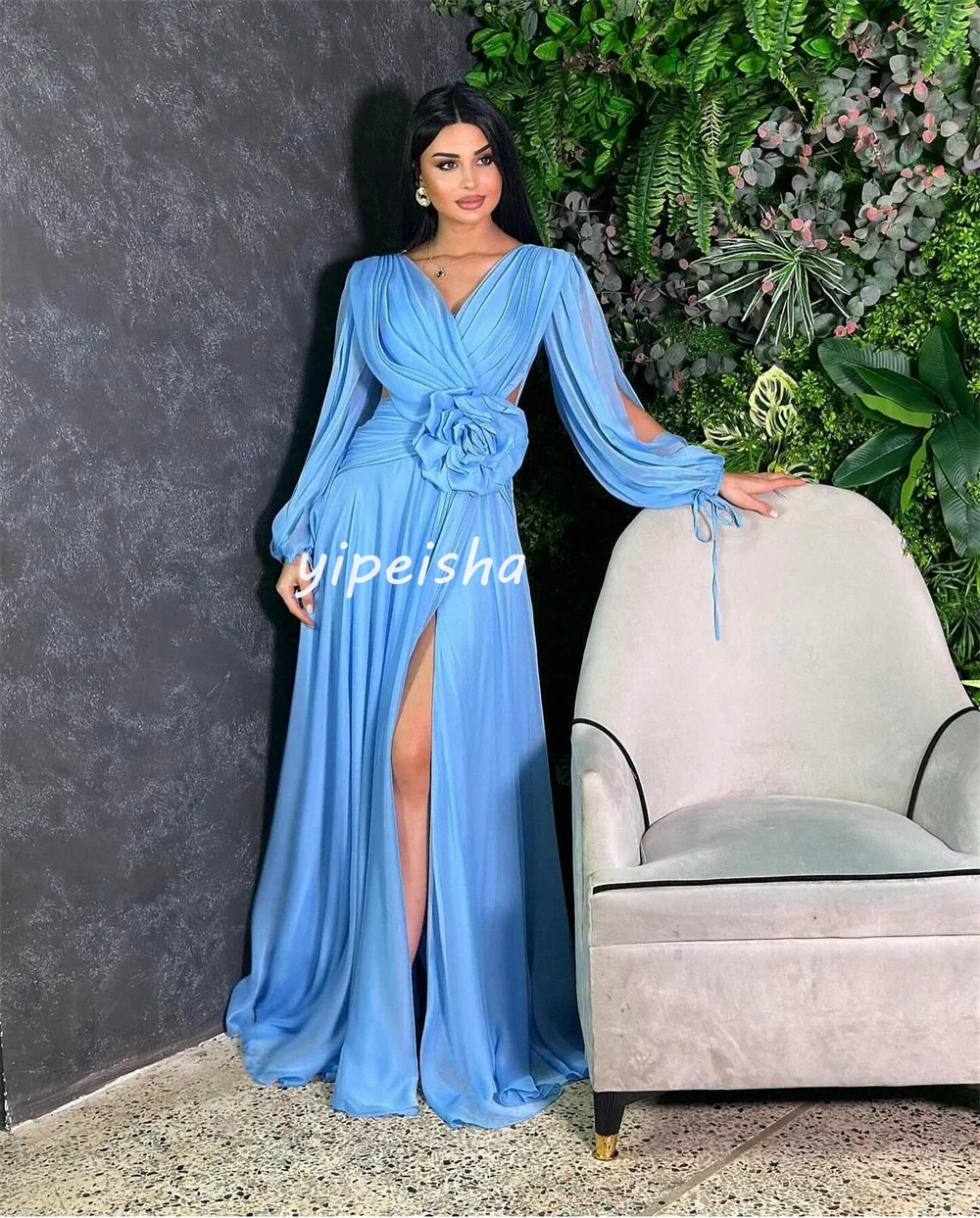 Customized Exquisite Elegant Chiffon Pleat Draped Handmade Flower A-line V-neck Long Dresses Prom Dresses Sizes Available Fashio