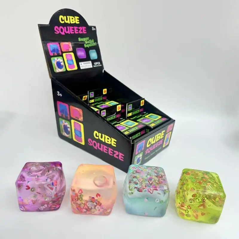 Transparent Glitter Cube Squeeze Toy Soft Lovely Stress Relief Fidget Toy for Classroom Reward Kids Prizes Gifts