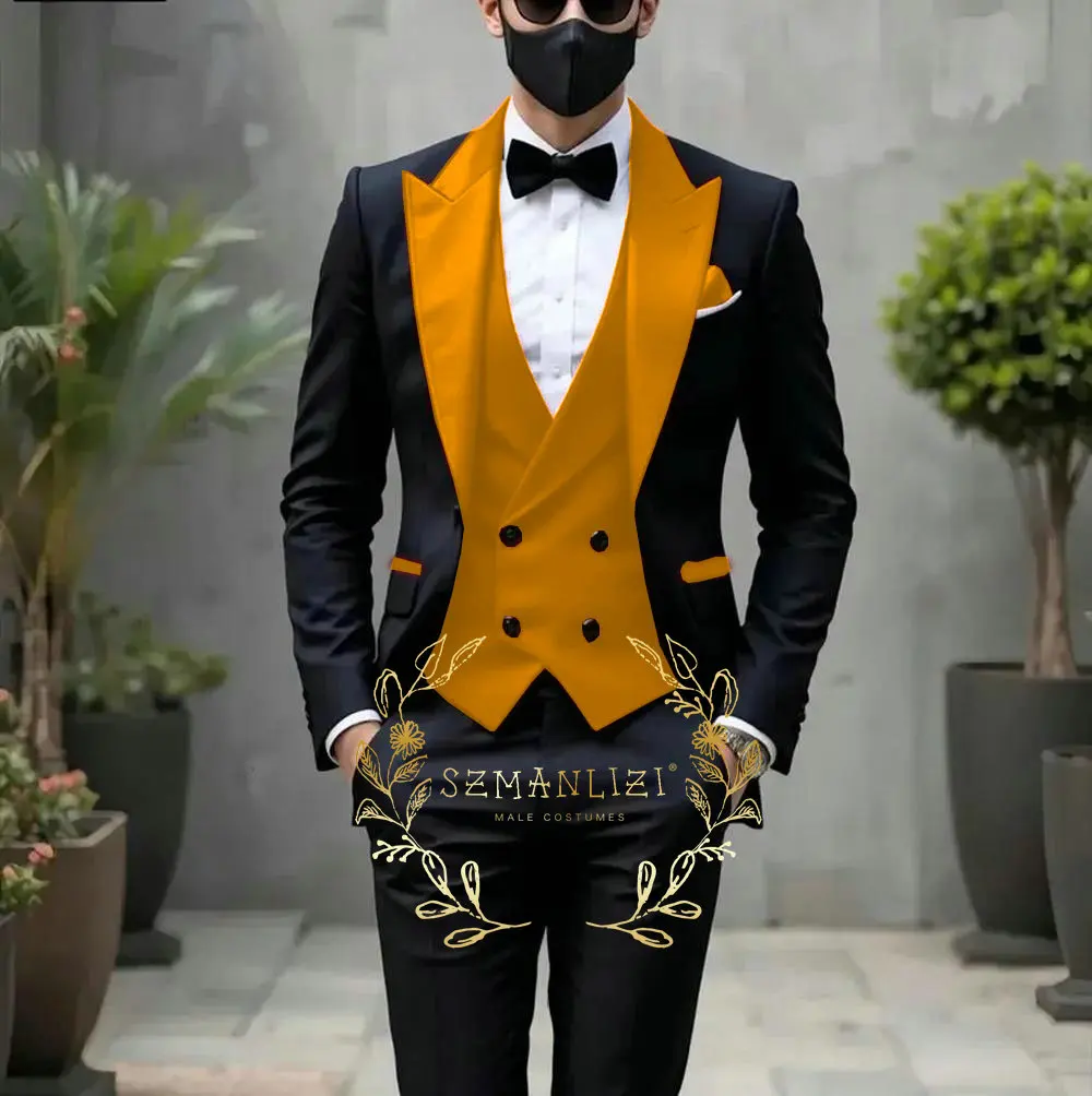 Groom Wedding Tuxedos 3-piece Suit Men's Black Suit Jacket Pants Vest Formal Red Peak Lapel Blazer Sets Slim Fit Outfit