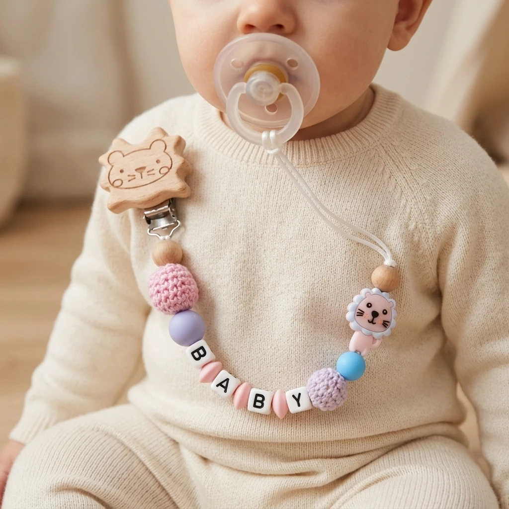 Personalized Custom Name Pacifier Clip Wood Lion Crochet Silicone Beads Dummy Chain BPA Free Baby Teether Holder Shower Gift