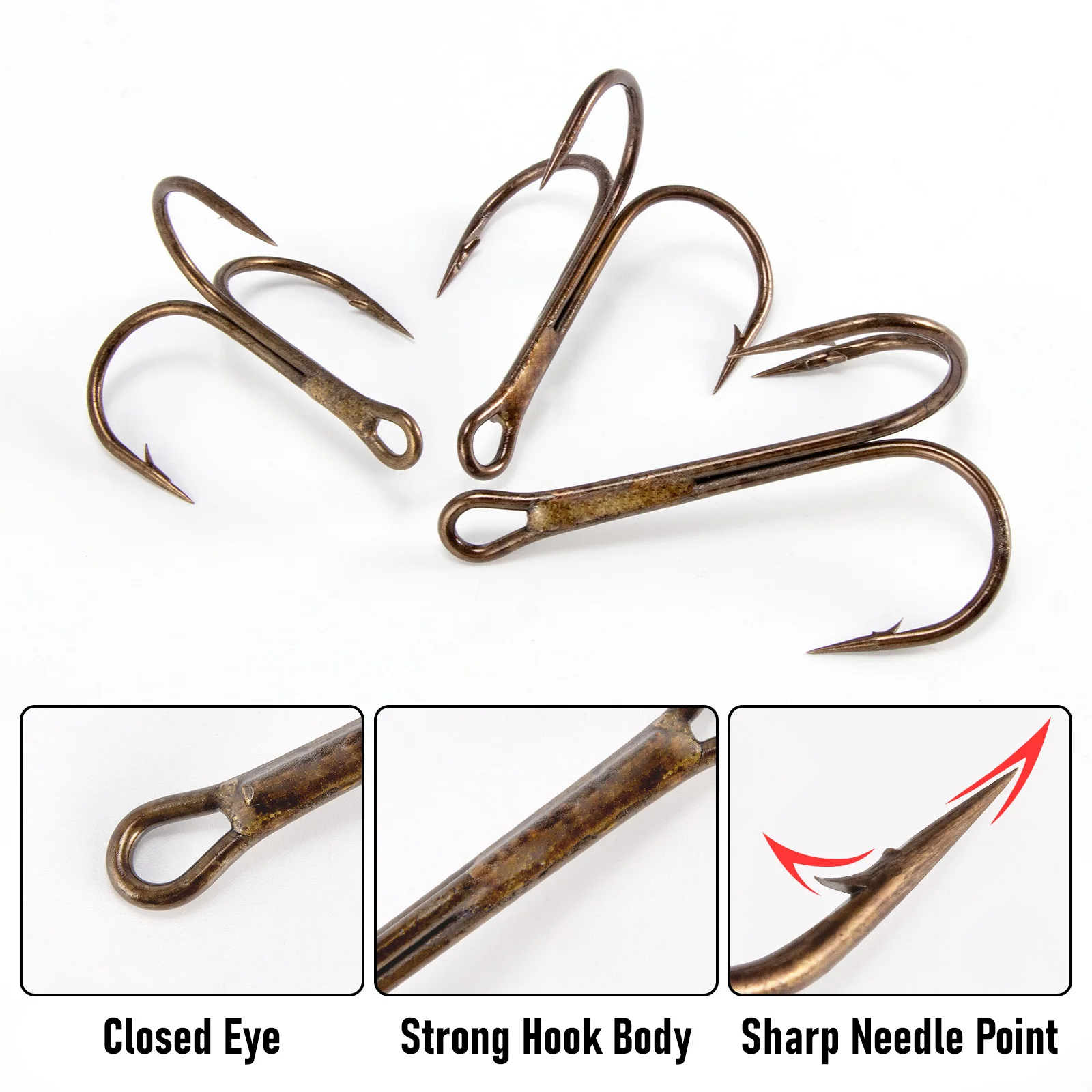 

#16-#8/0 Bronze Fishing Treble Hooks Replacement Stinger Hook Round Bend for Surf Fishing Catfish Bass Tuna Salmon Walleye