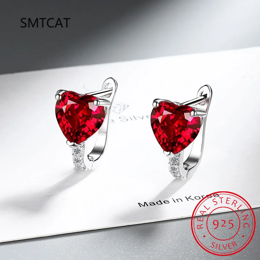 

Heart Red Genuine Natural Garnet Ruby 925 Sterling Silver Hoop Earring for Women Statement Gemstone Jewelry Valentine's Day Gift