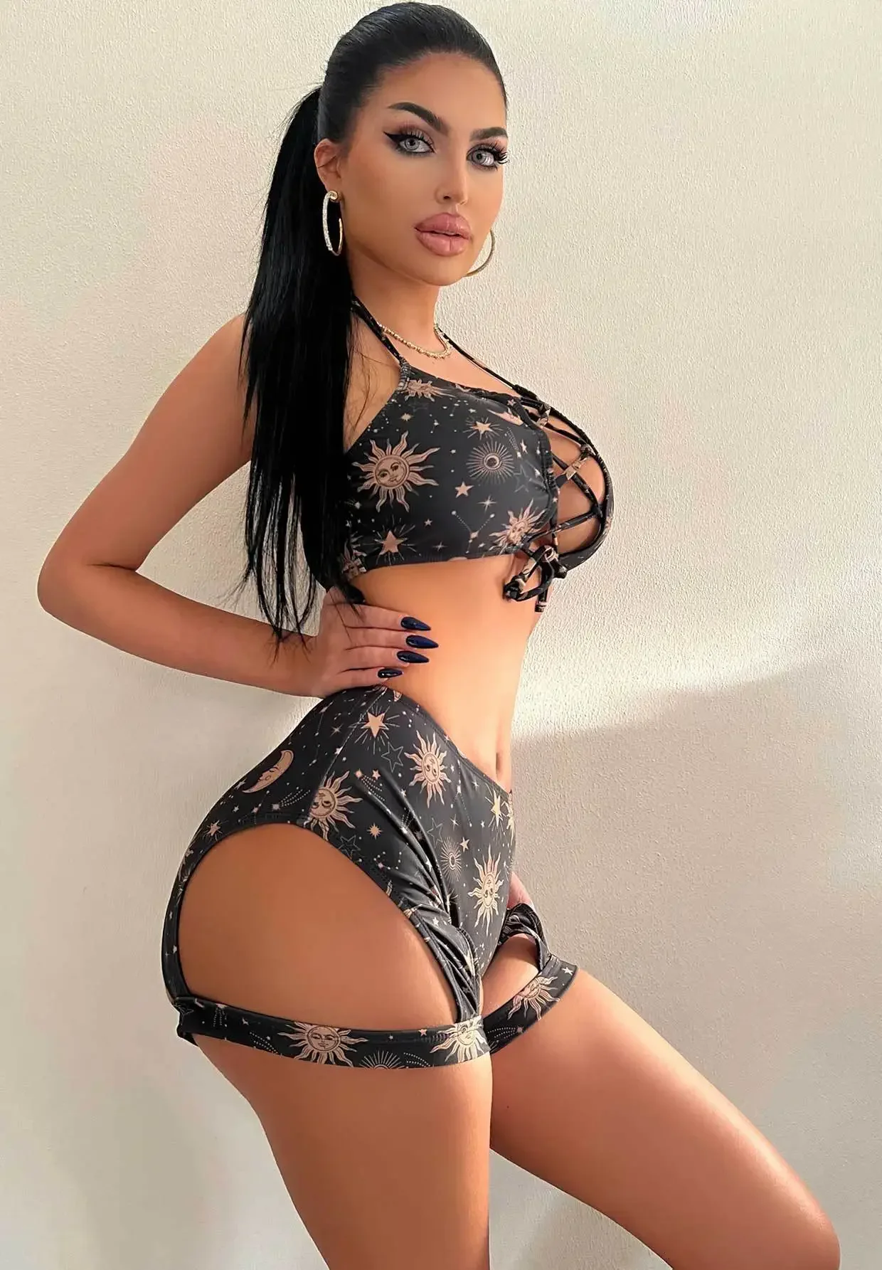 2-قطعة مجموعة البكيني مثير الشمس طباعة الأسود ملابس السباحة عالية الخصر ضمادة الجوف خارج عبر الأشرطة الحمالة عارية الذراعين ثوب السباحة 2025