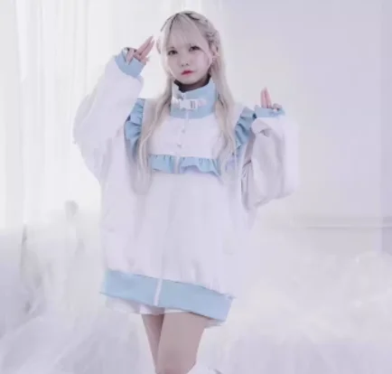 ربيع الخريف موضة جديدة فضفاضة الصينية زر سترة طويلة الأكمام فتاة حلوة كلية اليابانية العمر الحد الكشكشة سستة الأعلى