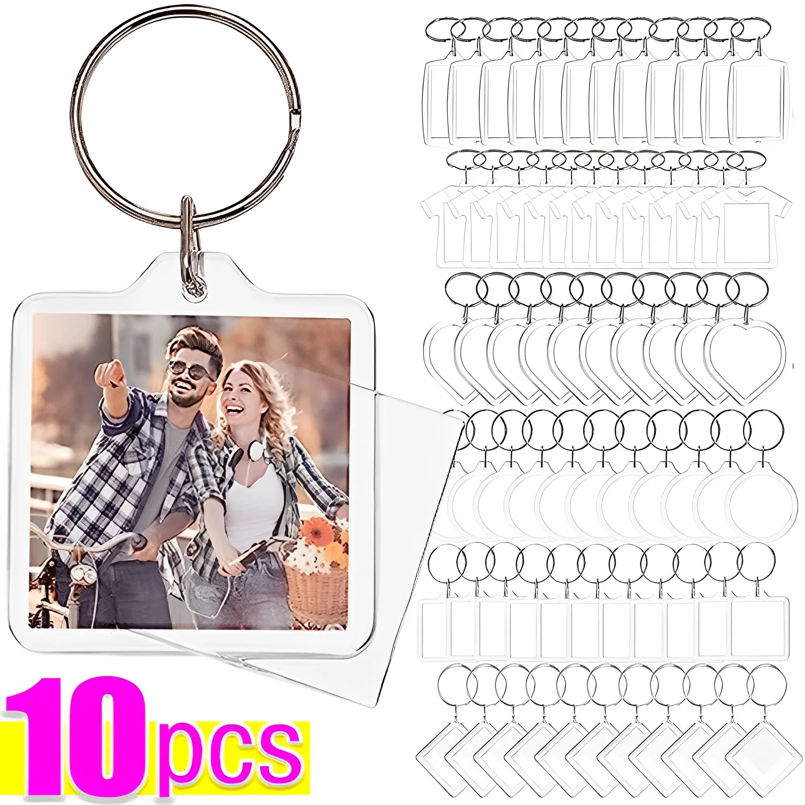 1/10pcs Acrylic Blank Keyring Clear Blank Picture Pendants Transparent Photo Frame Keychain Tassels Snap-In Custom Insert Photo