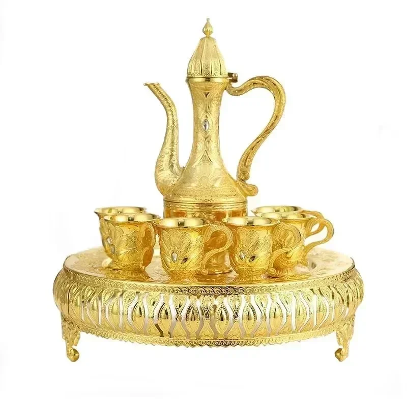 Hot selling Decoration Home  Cast Iron Coffee Tea Set Inter Crystal Stone with Teapot Tray and  6 Cups