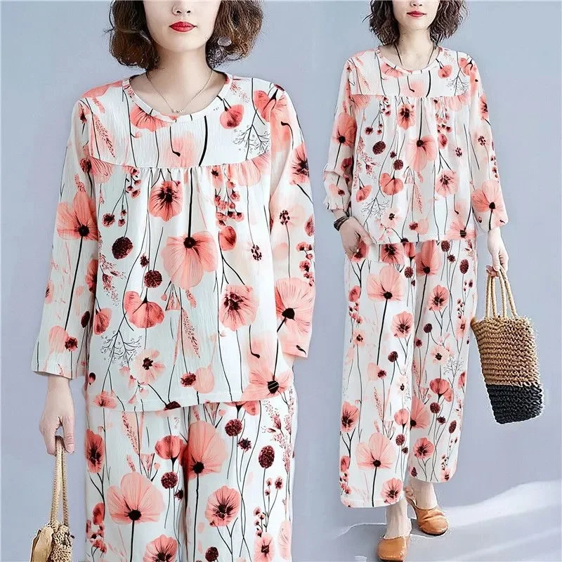 

Autumn Femme Large Size 4XL Sleepwear 2PCS Spring Lady Round Neck Loungewear Set Korean Women Fashion Printing Two-piece Pajamas