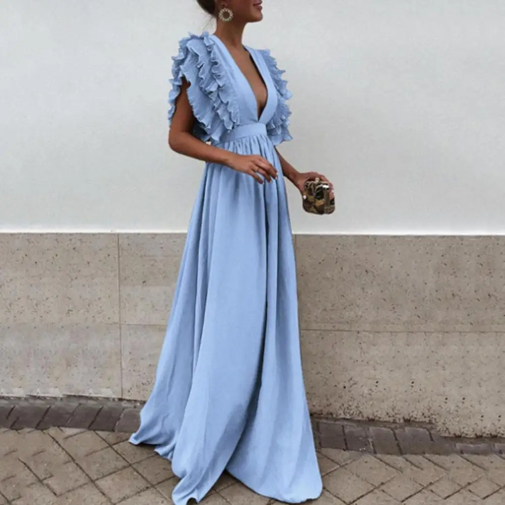 Casual Loose Fit Dress Elegant V Neck Maxi Dress with Flying Sleeves Ruffled Layers for Prom Cocktail Parties Women's Evening