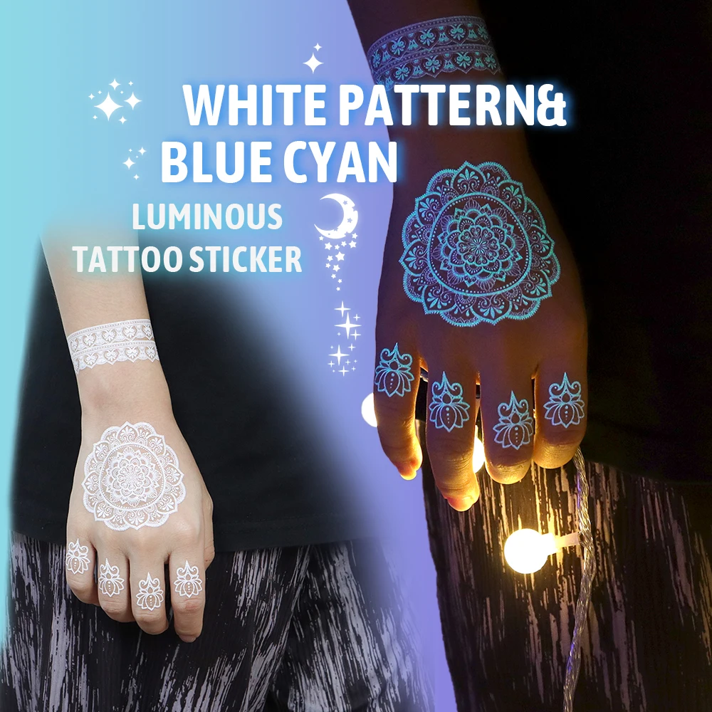 Henna Luminous White Wedding Temporary Tattoo Sticker Waterproof Arm Body Art Large Fake Tattoos Women Festival Makeup Products