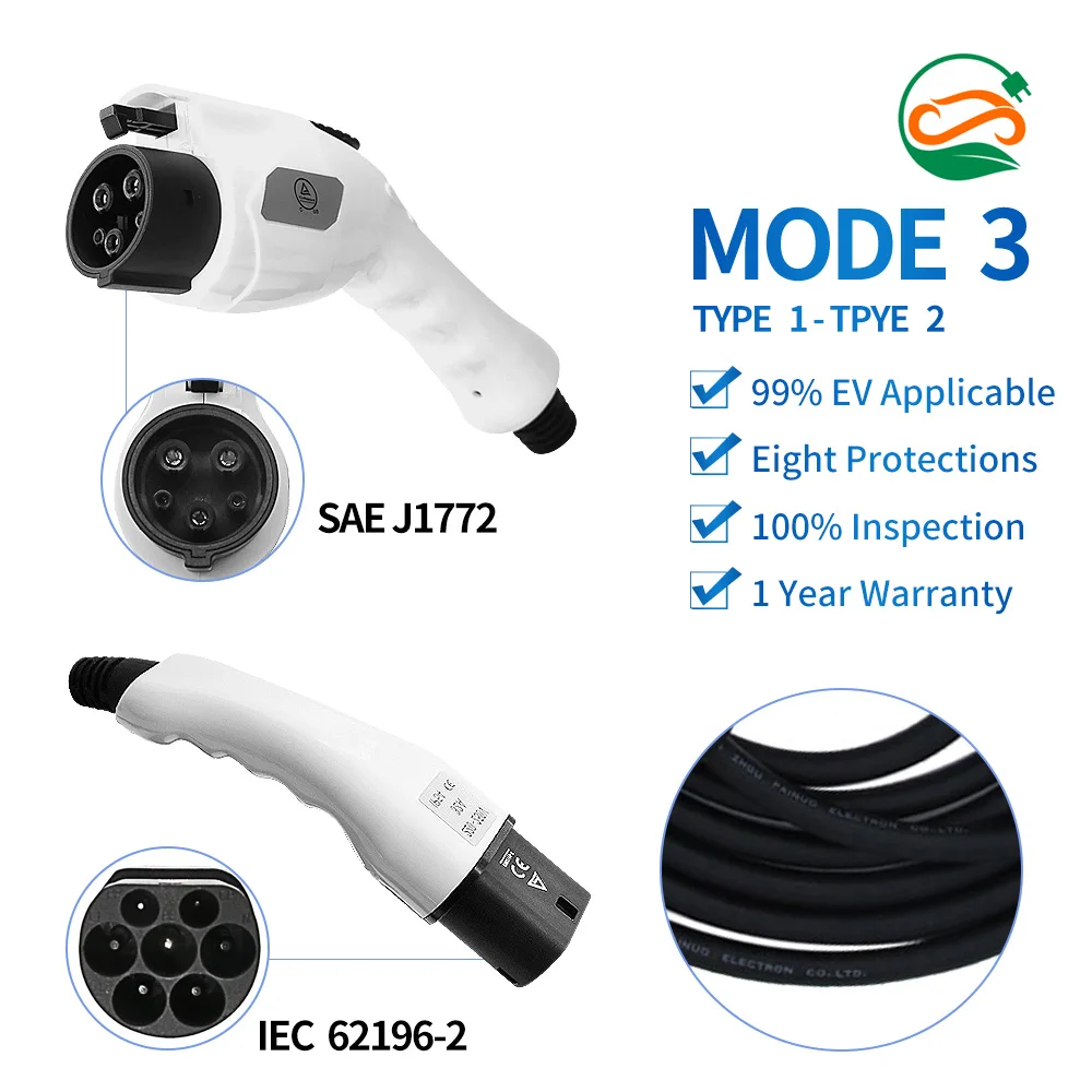 16A 32A 1 3 Phase Ev Charger Mode Level 3 Electric Ev Charging Cable Car Type 2 Type 1 To Type 2 Ev Charging Cable