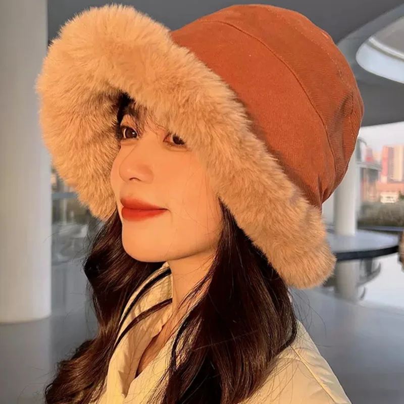 Fashion Fluffy Fur Bucket Hat for Women Winter Thick Warm Soft Plush Fisherman Panama Cap Femme Vintage Lamb Fleece Beanies Hats