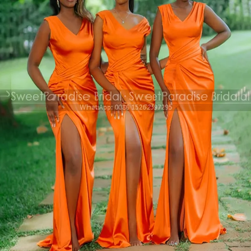 Sexy High Split Bridesmaid Dresses V Neck Pleat Mermaid Long Customized Orange Trumpet Wedding Party Dress For Women