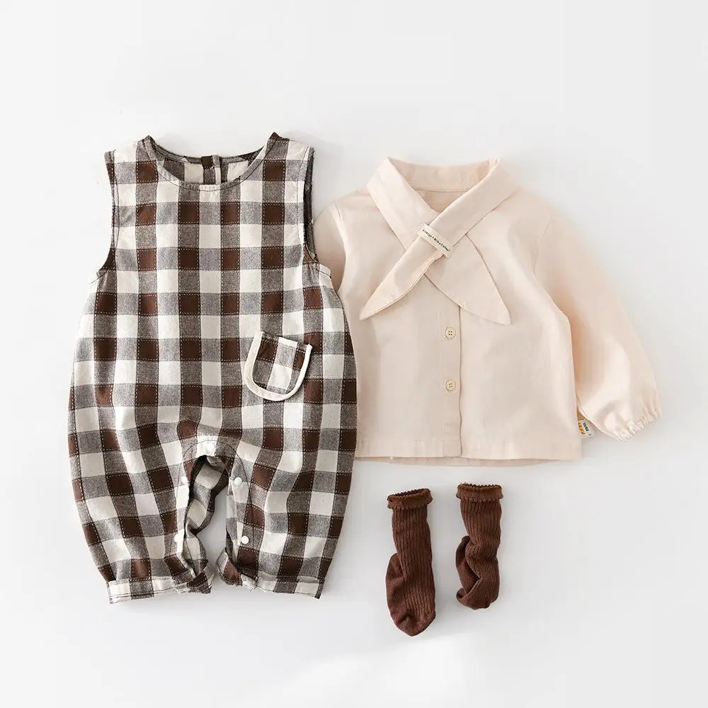 

2026 Spring New Baby Sleeveless Romper Cotton Infant Boys Casual Overalls Fashion Girls Plaid Jumpsuit Toddler Clothes
