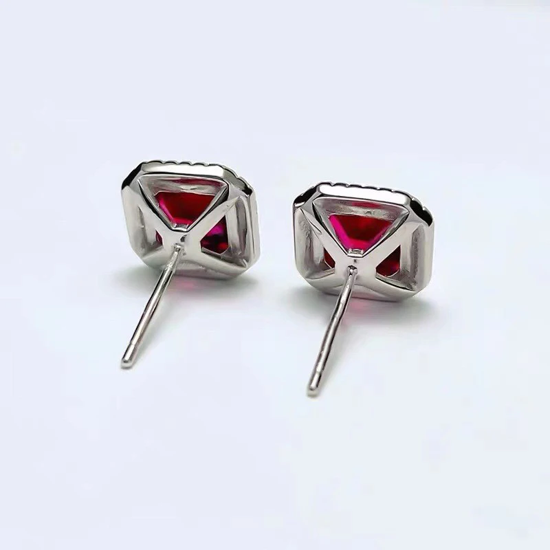 Huitan Square Shaped Red Cubic Zirconia Stud Earrings Women Silver Color Temperament Accessories Fancy Gift for Wedding Jewelry